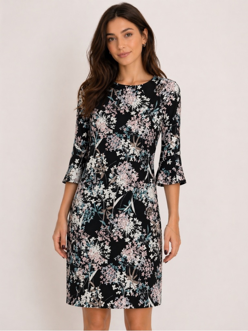Tommy Hilfiger Black Floral Shift Dress Bell Sleeve Knee Length Size 6